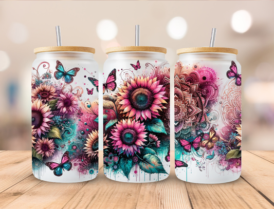 Boho Floral 16oz Glass Can Tumbler