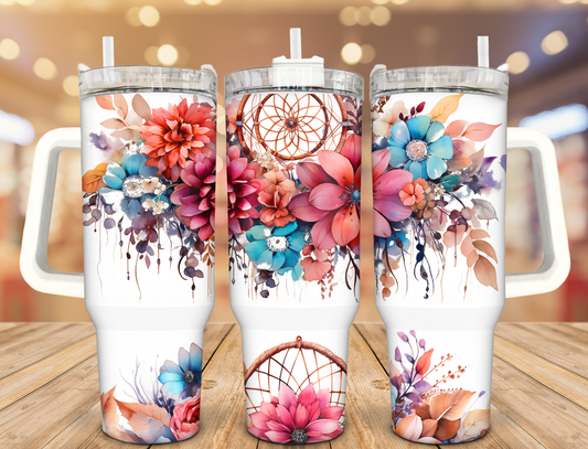 Bright Floral Drean Catcher 40oz Stainless Steel Tumbler with Handle